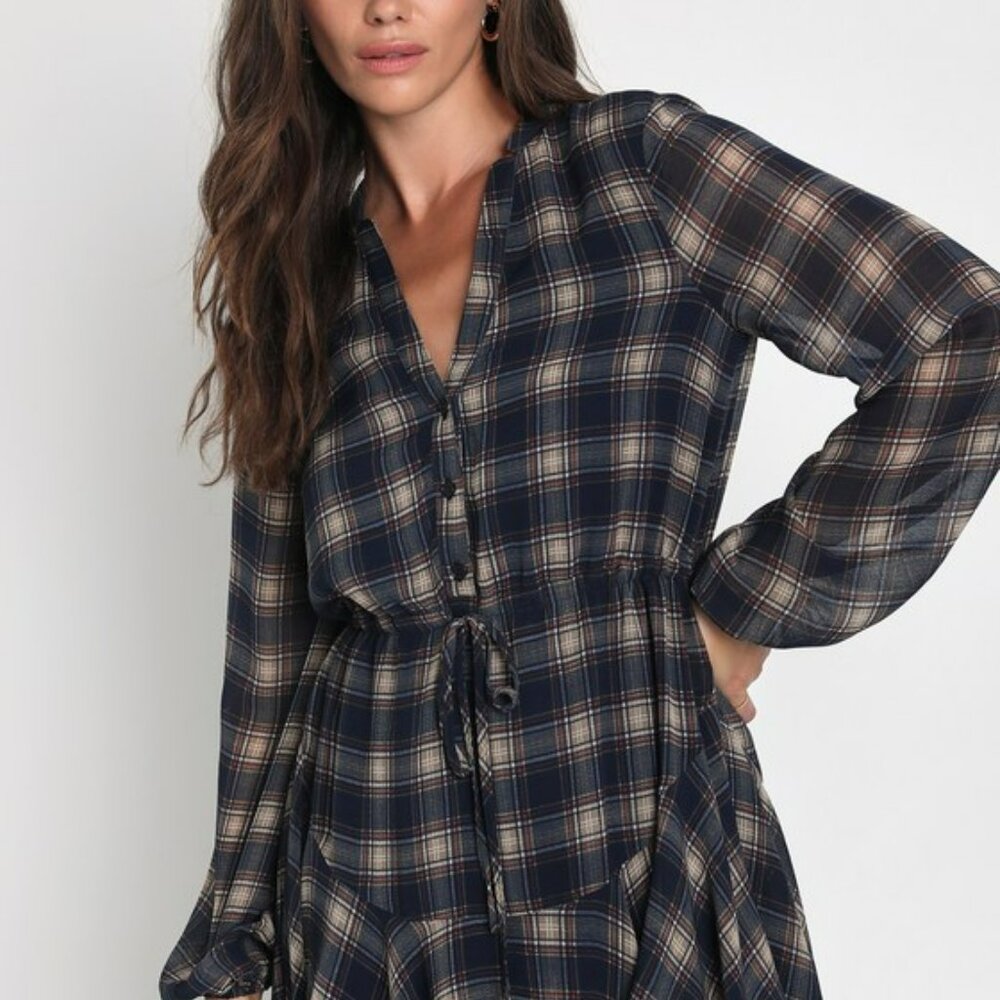 Lulus Delightfully Darling Navy Blue Plaid Long Sleeve Mini Dress - Size XS